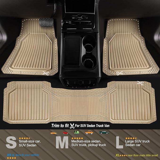 CAR PASS Heavy Duty Rubber Floor Mats for Car, Waterproof Liner Deep Dish Car Mats Full Sets, Universal Trim to Fit for SUV Truck Sedans Vans, All Weather Automotive Floor Mats 3pcs, Solid Beige