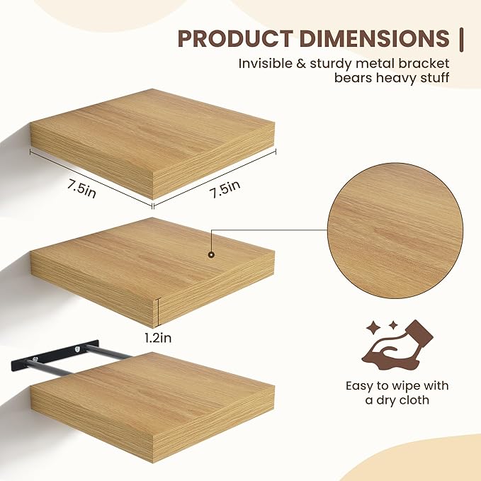 Fun Memories Floating Shelves for Wall - 7.5 Inch Square Shelves with Invisible Brackets, Small Wall Shelf for Living Room, B