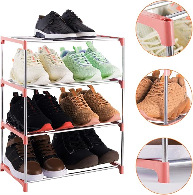 4-Tier Stackable Small Shoe Rack, Lightweight Shoe Shelf Storage Organizer for Entryway, Hallway and Closet (Pink)