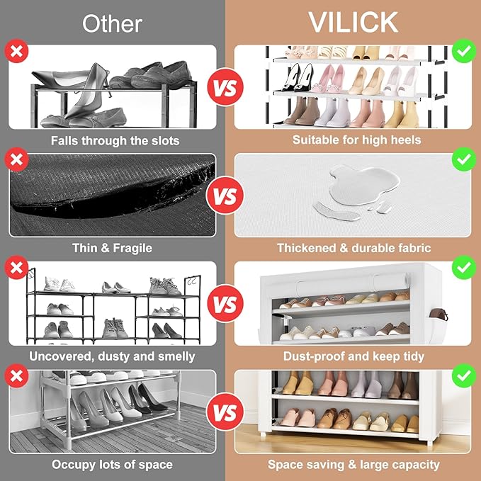 VILICK Shoe Rack with Cover Narrow Shoe Organizer with Pockets 10 Tier Tall Shoe Storage Holds 36-41 Pairs Shoes and Boots Sh