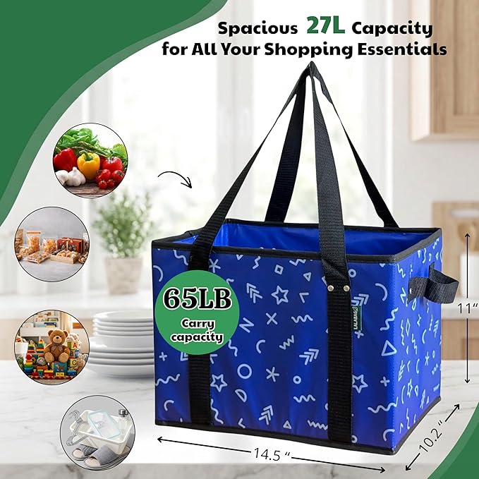 Reusable Grocery Bags (3 Pack) - Heavy Duty Foldable Tote Bags with Long Handles & Hard Bottom - Large Reusable Shopping Bags, Box-Shaped Grocery Totes Hold Up to 65 lbs, Stand Up & Fold Flat
