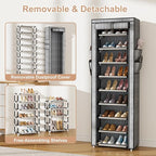 VILICK Shoe Rack with Cover Narrow Shoe Rack Organizer with 4 Side Pockets 10 Tier Tall Shoe Storage Shoe Shelf Holds 18-22 P
