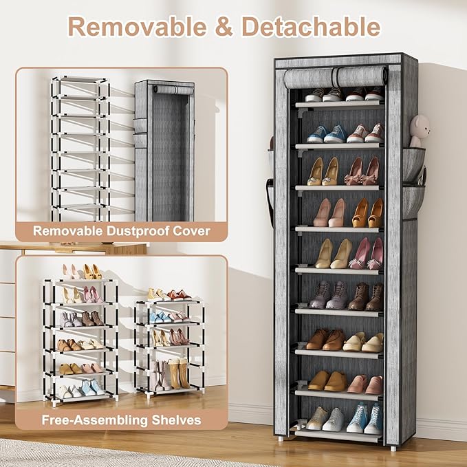 VILICK Shoe Rack with Cover Narrow Shoe Rack Organizer with 4 Side Pockets 10 Tier Tall Shoe Storage Shoe Shelf Holds 18-22 P