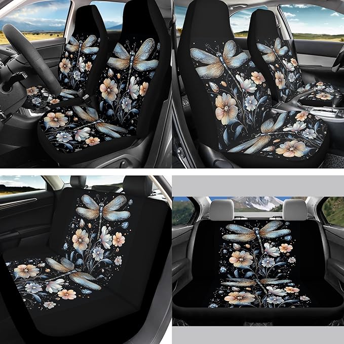 Dragonfly Car Seat Cover Full Set with Auto Steering Wheel Cover Seat Belt Strap Pads Cup Coasters Armrest Pad Floral Keychains Chapstick Holder Universal Fit, 13 PCS