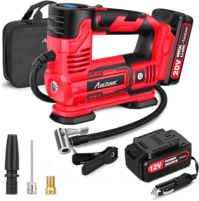 AVID POWER Tire Inflator Portable Air Compressor, 20V Cordless Car Pump w/Rechargeable Li-ion Battery, 12V Car Power Adapter, Digital Pressure Gauge, 150PSI Tire Compressor for Many Inflatables