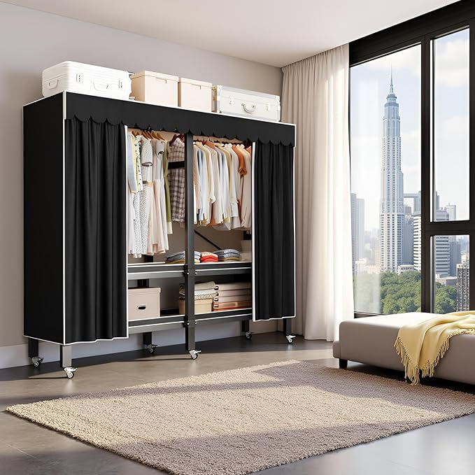 Heavy Duty Portable Wardrobe Closet, Metal Foldable Covered Clothes Rack, 1500LBS, Freestanding Closet System Rolling Garment