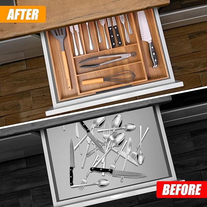Bellsal Large Premium Acacia Wood Silverware Organizer - Expandable Utensil Drawer Organizer - 17"x19.6" Utensil Holder and C