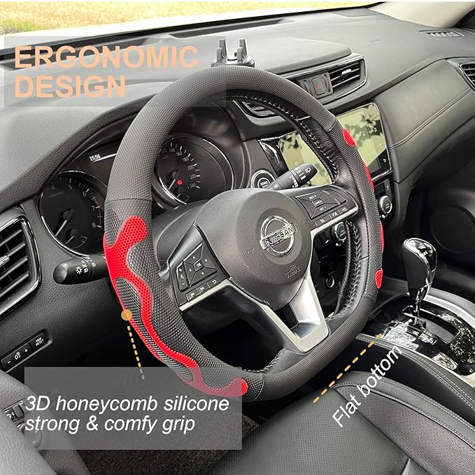PINCTROT D Shaped Comfy Grip Steering Wheel Cover, Anti-Slip Design, Flat Bottom 14.5-15 Inch(Silicone Red)