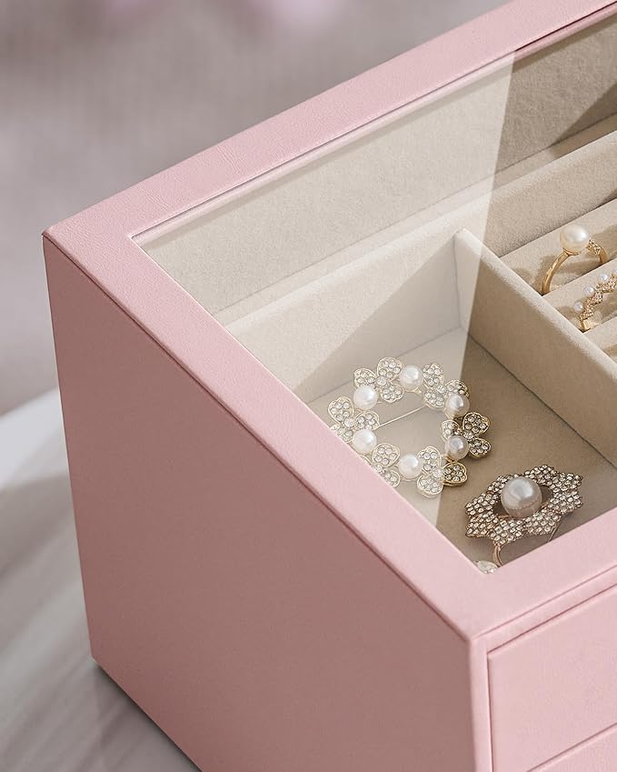pickpiff Jewelry Box Organizer Case for Women: 4-Layer Jewelry Storage Case with Glass Window, Pink Leather with Velvet Holde