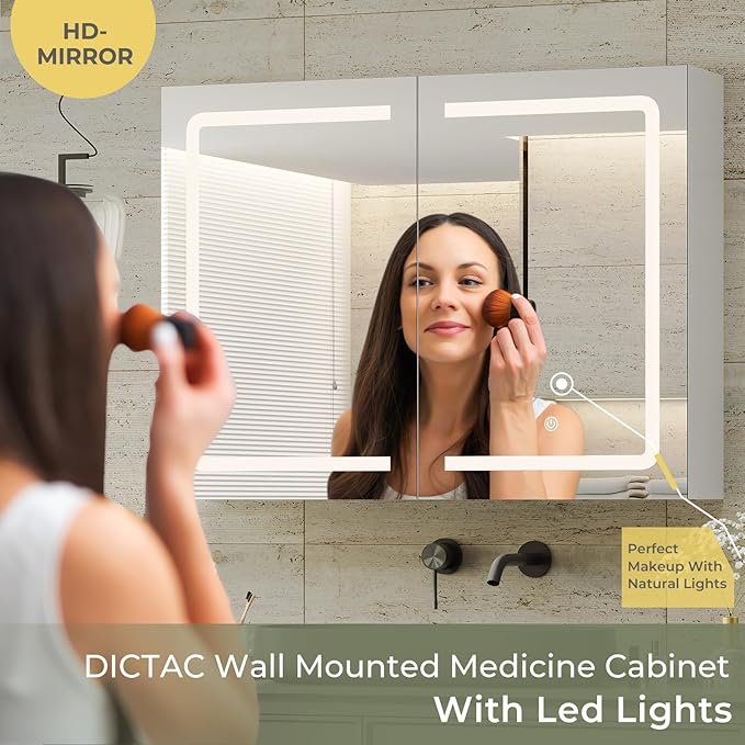 DICTAC Medicine Cabinet with Mirrors and Storage 31.5''x23.6'' Wall Mounted Bathroom Mirror Cabinets with Led Lights Double D