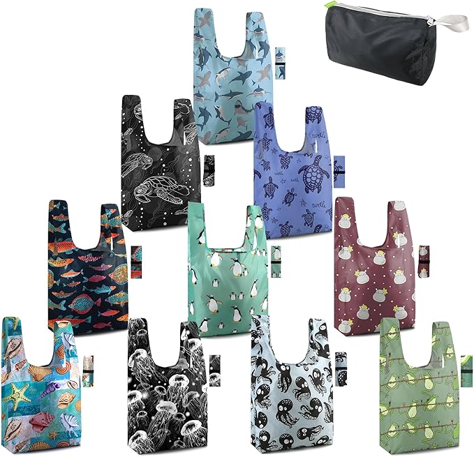 BeeGreen Animal Reusable Grocery Bags Bulk Gifts 12-Pack - Large Tote with Zipper Pouch | Foldable & Washable Polyester Shopping Bags Heavy Duty Animal Lover Gifts Reusable Bag With Handles