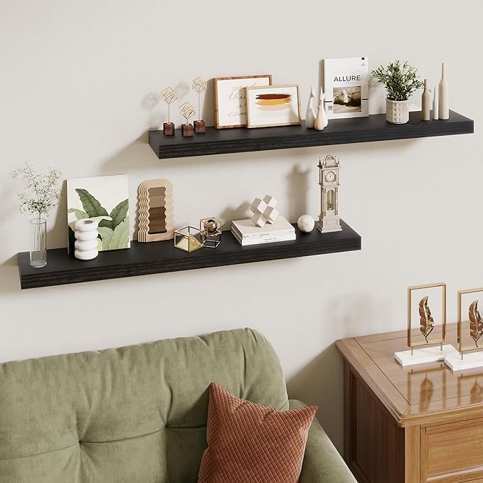 40 Inch Floating Shelves | 6.5 Inch Deep Black Floating Shelves Set of 2 | 40" W x 6.5" D Rustic Black Wood Wall Shelves with