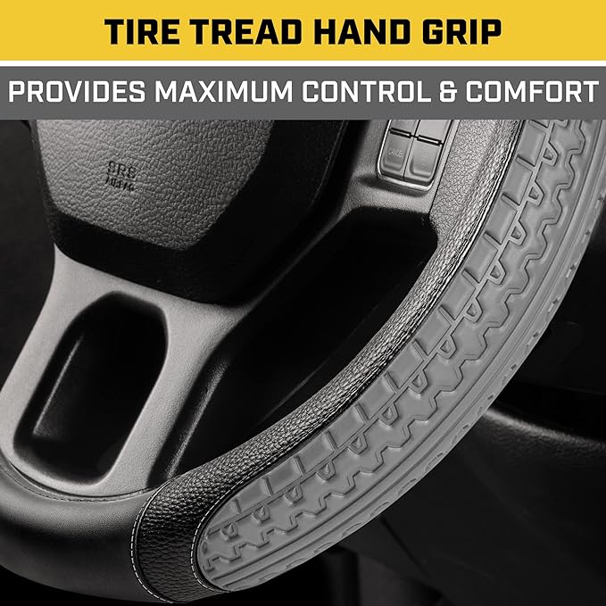 CAT® DuraGrip Car Steering Wheel Cover, Gray Tire Tread Traction Design, Auto Steering Wheel Cover for Cars Trucks Vans SUVs, Improve Grip and Control, Durable Comfortable - Large 15"-16" Inches