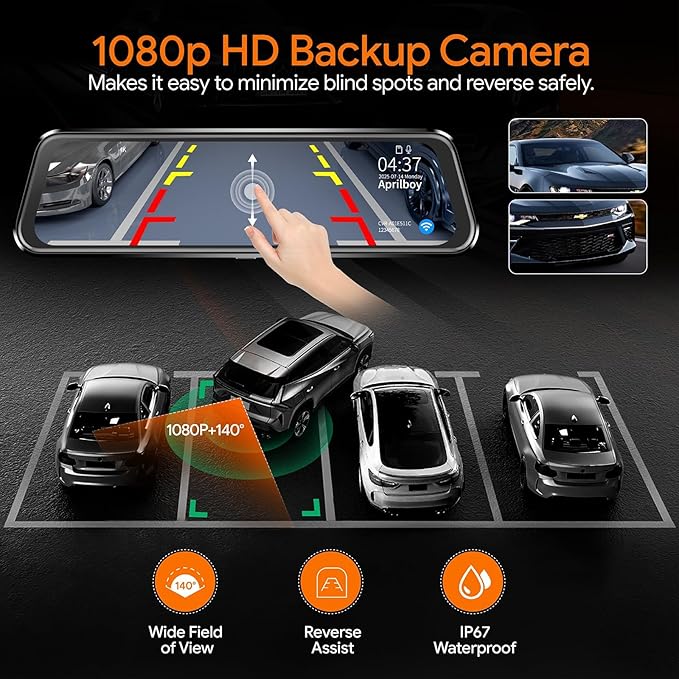 3 Channel Mirror Dash Camera for Cars, Triple Rear View Mirror with Front 4K/3K, Inside and Rear 1080P with WiFi, G-Sensor, N