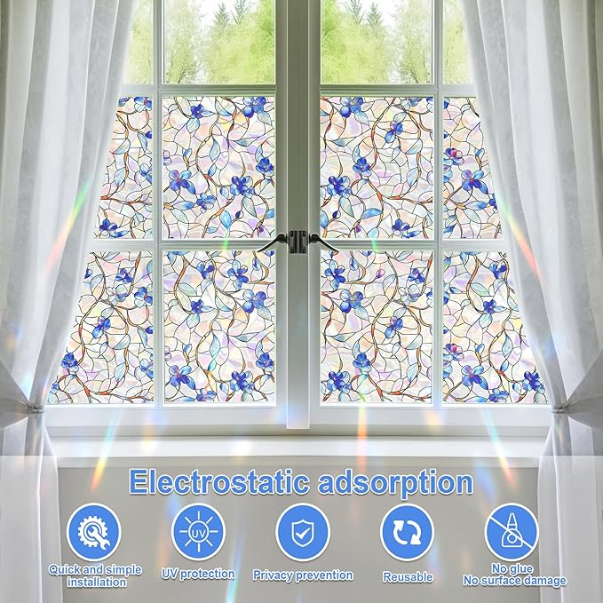 SOMWISE Rainbow Window Privacy Film,Heat Control,UV Blocking,Anti-Glare,Day & Night Privacy Protection & Decoration for Home, Bathroom,Glass Door,Static Cling,Renter-Friendly with Installation Tools