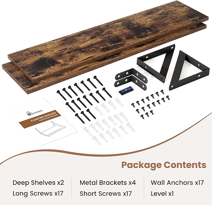 Axeman 55 Inch Floating Shelves | 8 Inch Deep Brown Wall Shelves Set of 2 | 55" W x 8" D Rustic Brown Wood Shelves for Bathro