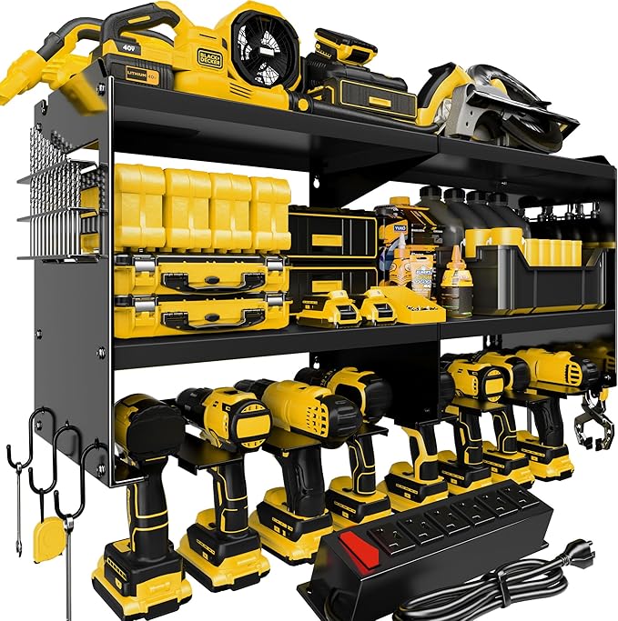 Spampur Power Tool Organizer Wall Mount with Charging Station, 15 Min Assembly & Maximum 420lb Load by Heavy Duty Metal, 8 Sl