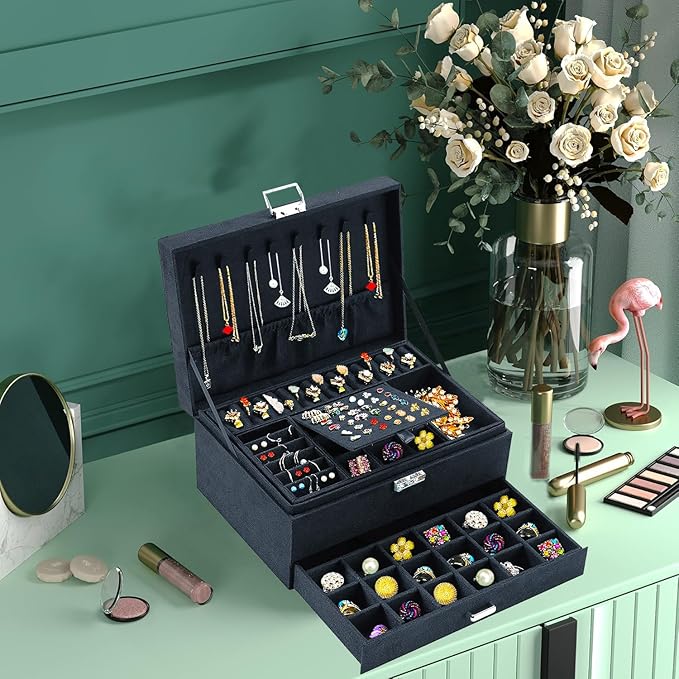 QBestry Jewelry Box for Women with Drawer, 3-Layer Large Jewelry Organizer with Lock & Key, 8 Necklace Hooks & 56 Earring Hol