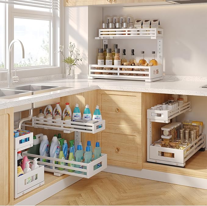 2-Pack 19"Deep Under Sink Organizer And Storage, 2-Tier L-Shaped Pull Out Cabinet Organizer with Upgraded Slide Rails, Height
