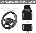 CAR PASS Leather Steering Wheel Cover and Waterproof Car Floor Mats,Microfiber Universal Car Combo Fit for 95% Sedan,SUV,Cars