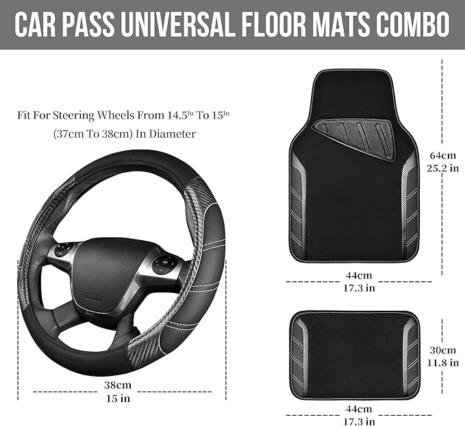 CAR PASS Leather Steering Wheel Cover and Waterproof Car Floor Mats,Microfiber Universal Car Combo Fit for 95% Sedan,SUV,Cars