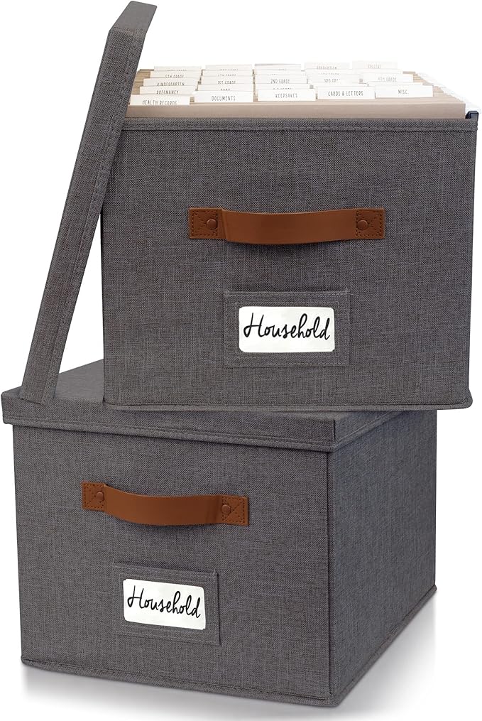 ZICOTO Decorative File Organizer Box Set of 2 - Collapsible Linen Filing Cabinets w/Handles Are Perfect to Store all Your Doc