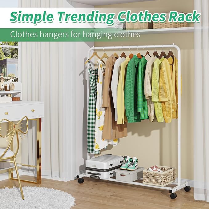 Simple Trending Standard Clothes Clothing Garment Rack with Storage Shelves, Rolling Clothes Organizer on Wheels for Hanging 