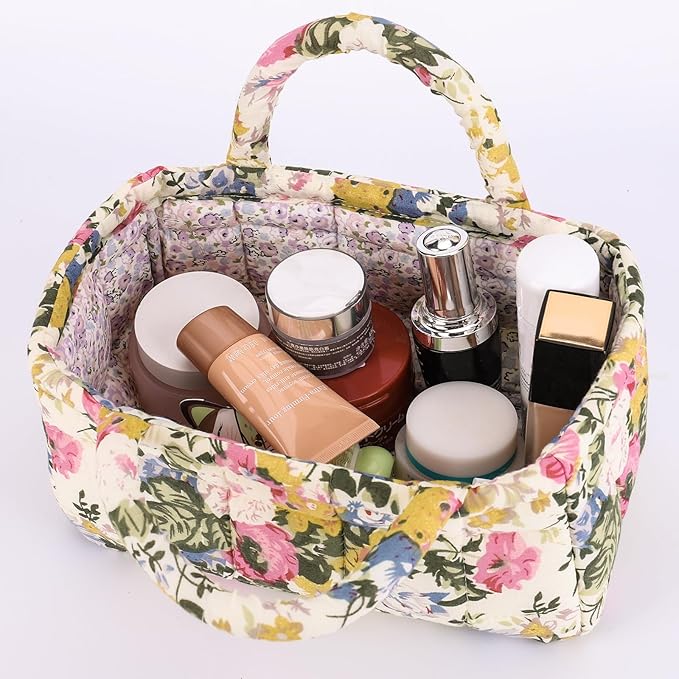 Small Storage Basket Organizer, Mini Fabric Floral Storage Baskets with Handle, Quilted Portable Collapsible Storage (C)