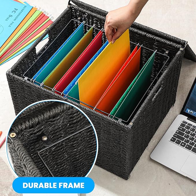 Cinnvoice Extra Large Decorative File Box 18 x 16 x 13 in Wicker Seagrass File Basket Organizer for Letter Legal Size Hand Wo