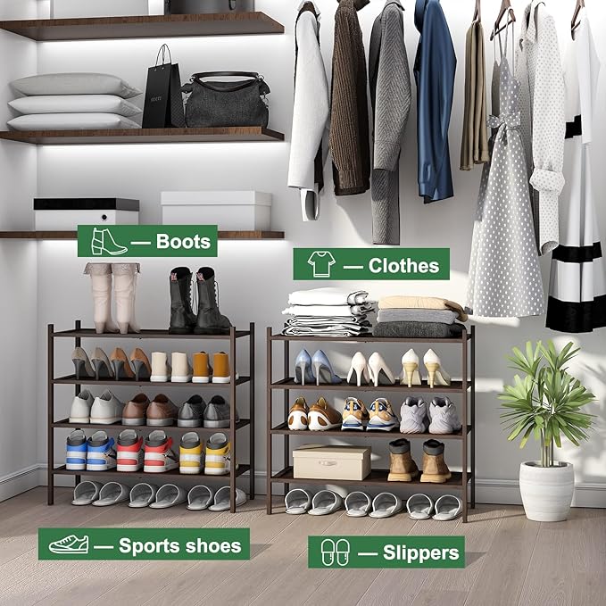kiplant Shoe Rack for Entryway, Bamboo Wood Shoe Rack 4-Tier, Stackable Shoe Organizer for Closet, Free Standing Shoe Racks f