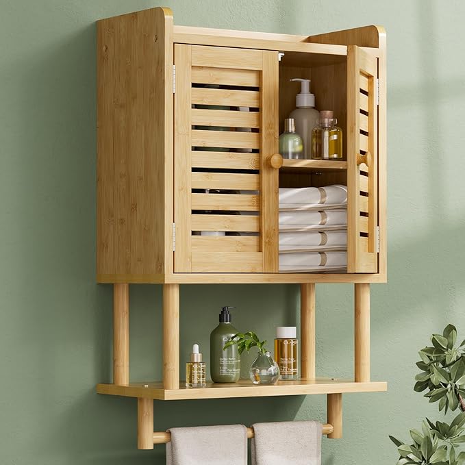 AmazerBath Bathroom Wall Cabinet, Bamboo Over The Toilet Storage Cabinet, Hanging Medicine Cabinets with Towel Bar, Wall Moun