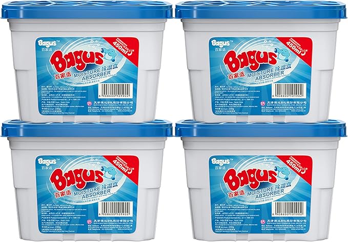 Bagus Moisture Absorbers Boxes (4 Pack) - 10.5 Oz Dehumidification Containers for Closet, Bathroom, Storage, Kitchen,