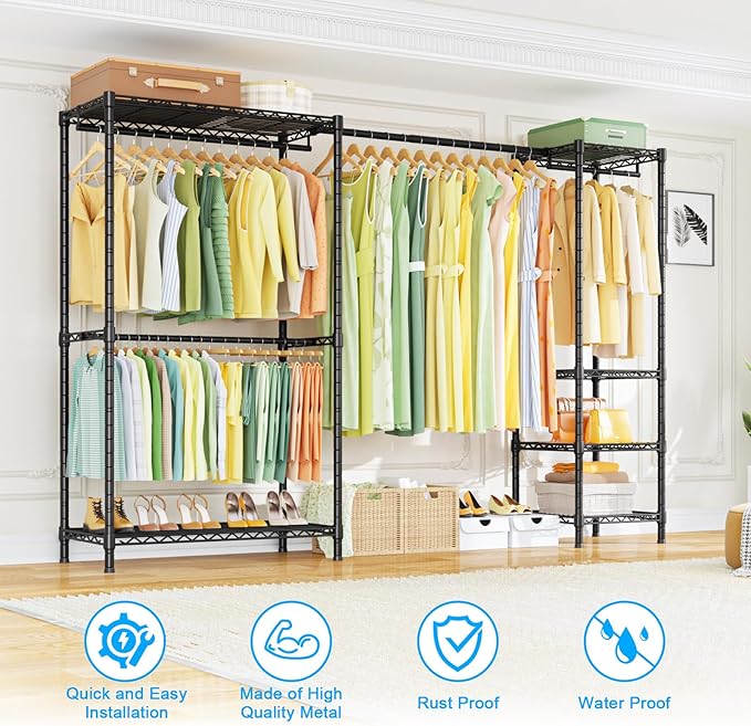 Ulif E10 Clothes Rack（With Stretchable Hanger Rod）Freestanding Clothing Racks for Hanging Clothes，Adjustable Closet Organizer