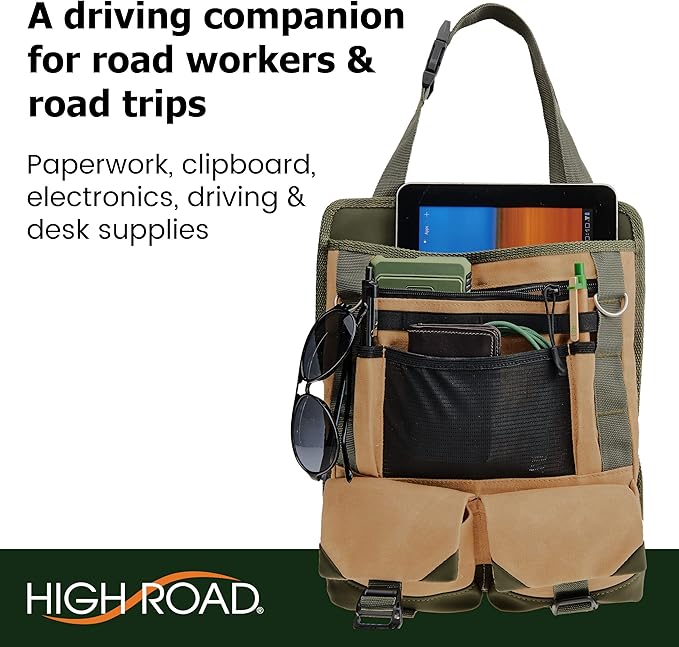 High Road Cotton Canvas Front Seat Organizer with Tablet and File Compartments, 9-pocket Car Office Passenger Seat Organizer