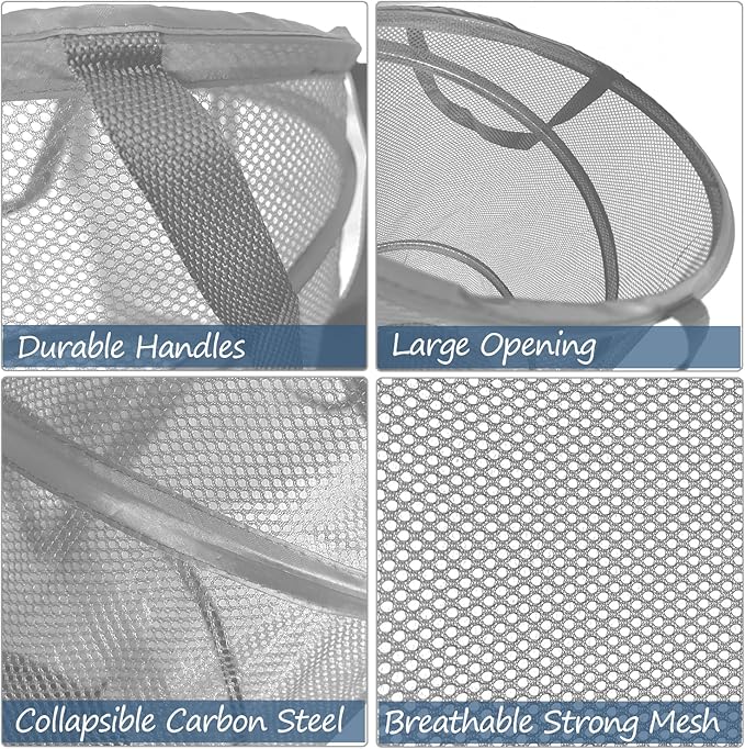 BATTOO Collapsible Laundry Baskets, Foldable Mesh Pop Up Hamper, Portable Laundry Basket Hamper with Handles for Laundry, Bat