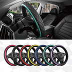 Road Comforts Leather Steering Wheel Cover – Black & Green Universal Fit 14.5-15 Inch, Microfiber Leather, Anti-Slip & Breath