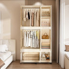Portable Closet Wardrobe with Magnetic Doors, Foldable Armoire Wardrobe Closet with 2 Hanging Rods, 9 Cubes and 6 Hangers, Be