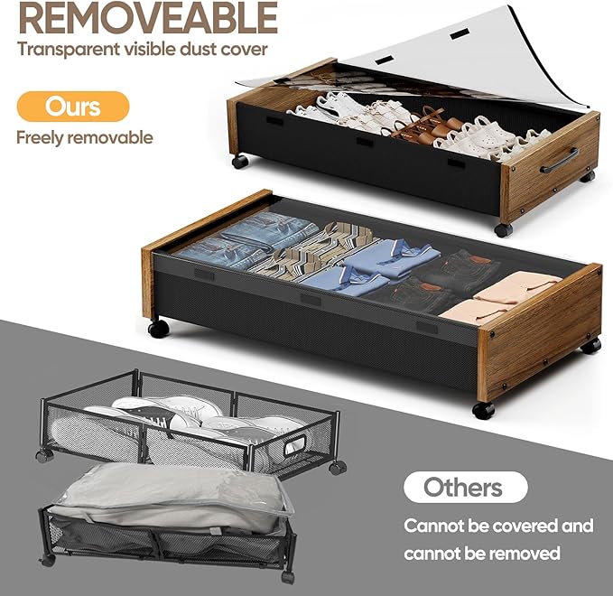 KITHELP Wooden Under Bed Storage with Wheels, Rolling Under the Bed Storage Bins with Removable Lid, Metal Under Bed Drawers 