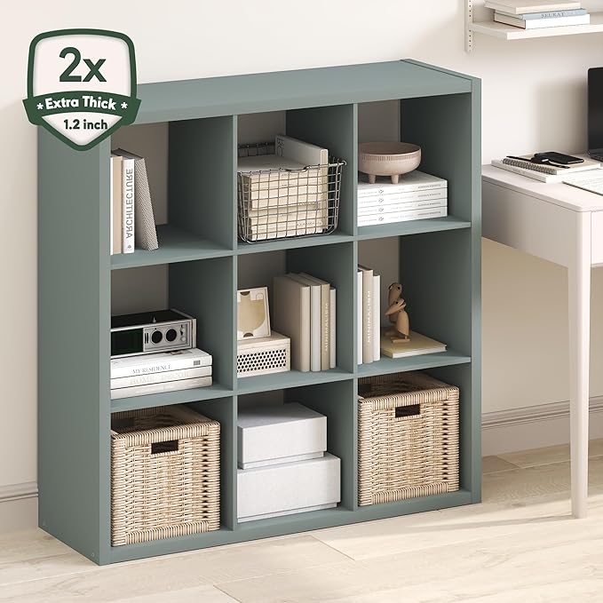 Furinno Cubicle Book Shelf, 9-Cube Bookshelf, Extra Thick Frame Reversible Bookcase with Open Back, 14.6" x 44" x 44", for Li