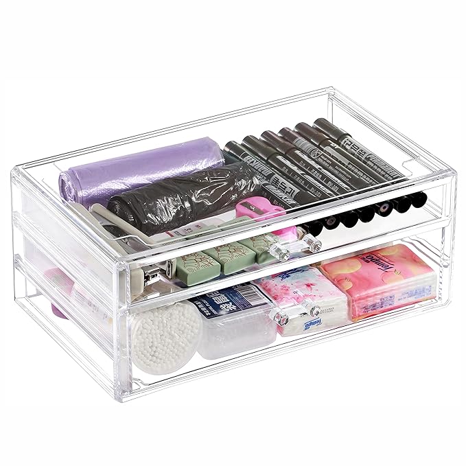Cq acrylic Clear acrylic organizers Countertop,2 Large Drawers stackable storage bins,clear storage bins for Vanity Jewelry,H