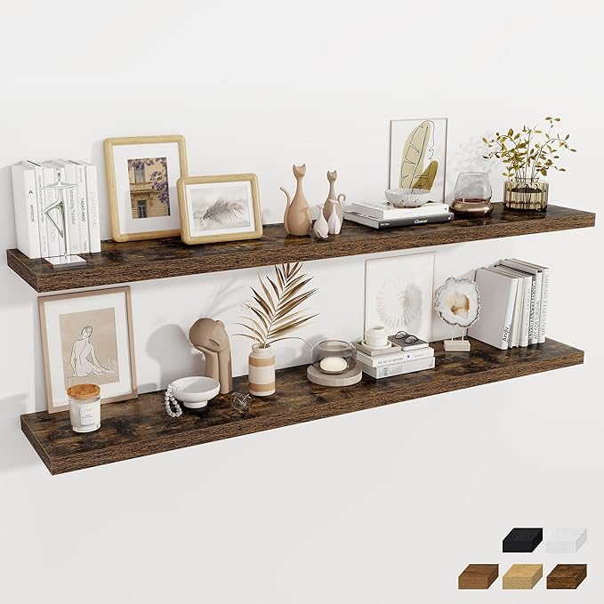 Fun Memories Brown Deep Floating Shelves, 72 x 12 Inch Long Wall Shelves, Large Display Shelf & Storage Shelf, Wood Floating 