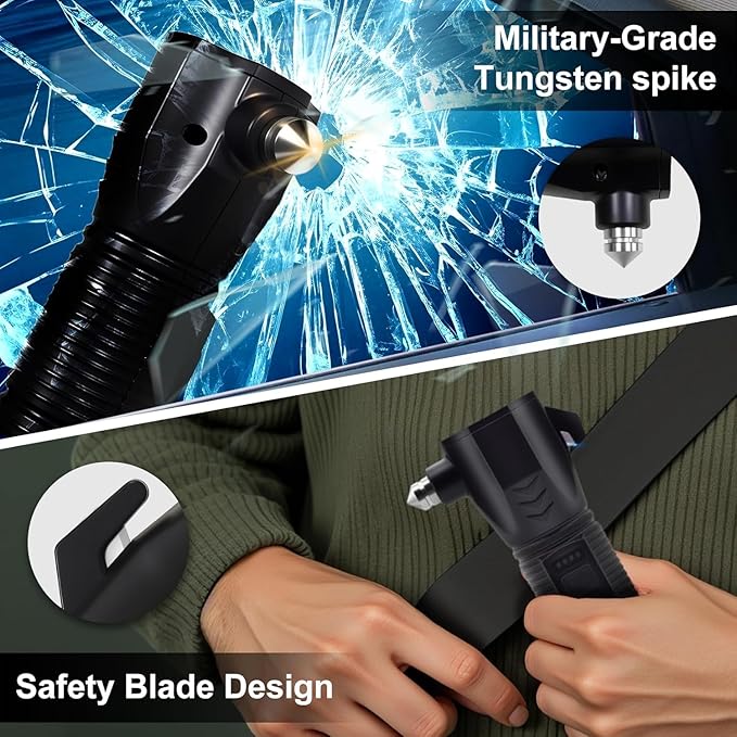 Emergency Car Flashlight - 2000 Lumen Dual Light 4-Level Battery Indicator Window Breaker & Seatbelt Cutter USB Rechargeable 
