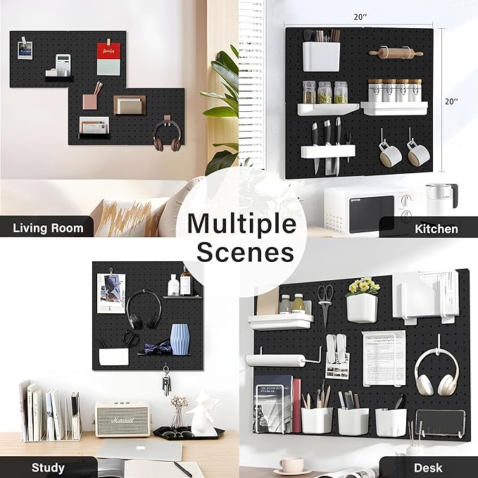 4Pcs Peg Board, Black Pegboard Wall Organizer Panels Wall Mount, ABS Pegboard for Craft Room Garage Kitchen Workshop, ABS Peg