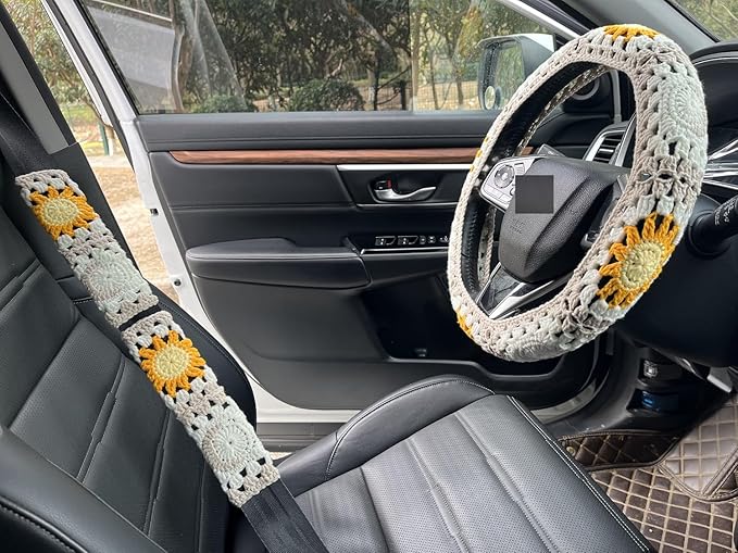 Handmade Crochet Sun Moon Car Steering Wheel Covers Universal 14-15 inch,Cute Steering Wheel Cover,Car Accessories (Steering Wheel Cover+2 Belt Cover)