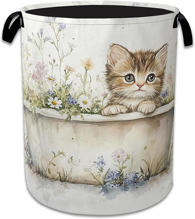 Cute Cat Laundry Hamper Bathtub Flowers Laundry Basket Collapsible Portable Clothes Toy Storage Bin for Bathroom Bedroom Room