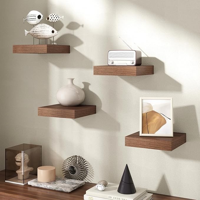 Axeman Square Floating Shelves for Wall, 8" W x 8" D x 1.4" H Rustic Wooden Wall Shelves, 4 Pack Wall Mounted Floating Shelf 