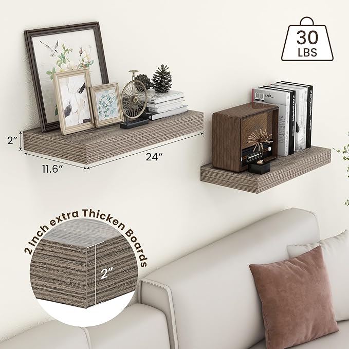 Deep Floating Shelves | 24 Inch Grey Floating Shelves Set of 2 | 12 Inch Deep Rustic Wood Shelves for Wall | 24" W x 12" D Gr