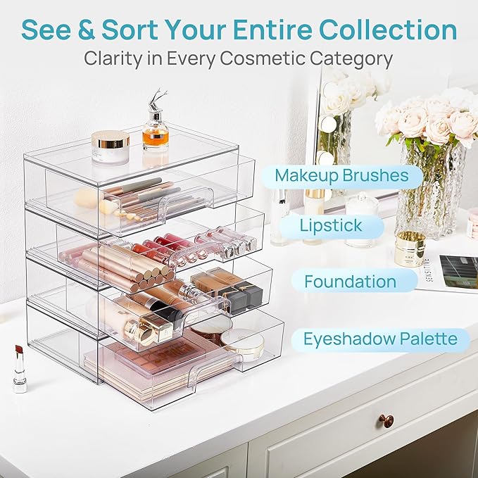 Vtopmart 12.1''W Clear Stackable Storage Drawers,4 Pack Acrylic Plastic Organizers Bins for Makeup Palettes, Cosmetics, and B