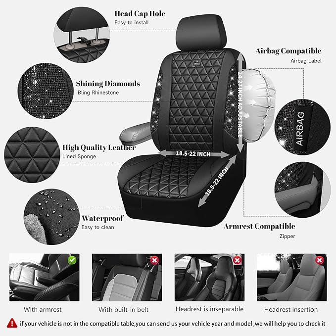 CAR PASS Bling Diamond Leather Car Seat Covers 2 Front Seats Interior Sets, Waterproof Shining Glitter Sparkly Crystal Univer
