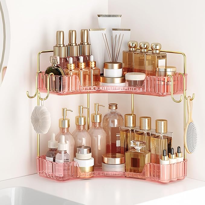 Delicate Pink 2-Tier Corner Counter Organizer with Expandable Hooks | Bathroom, Kitchen & Vanity Storage for PET Makeup, Skin